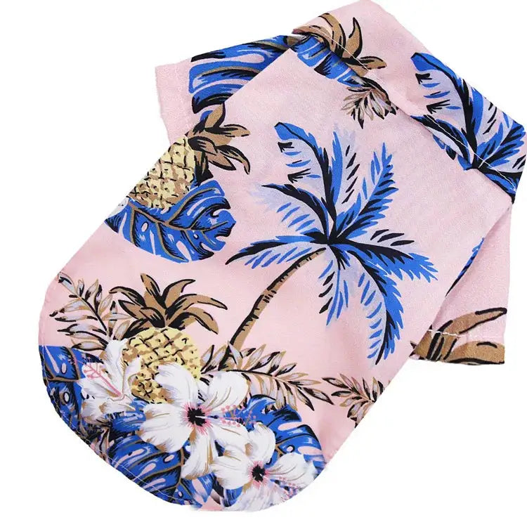 Camisa hawaiana para perro rosa con palmeras azules